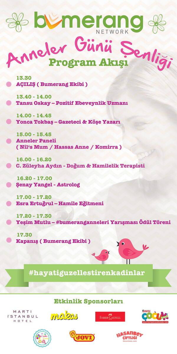 Konuşmacı olduğum Bumerang Anneler Günü Şenliği konuklar ve çocuklara aktivitelerle dopdolu.Cumartesi Martı Otel'de..