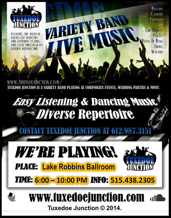 TuxedoeJunction's tweet photo. How about some great listening and #dancing #music #Woordward, #Iowa? TJ appearing at Lake Robbins Ballroom May 25! http://t.co/CunmiAjX6o