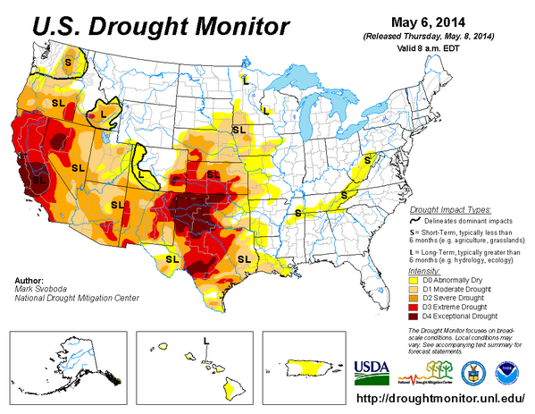 cfishman's tweet photo. In the following states, 100% of land is in drought:
• California
• Nevada
• New Mexico 
• Arizona
• Kansas http://t.co/tNpoEzlHHH