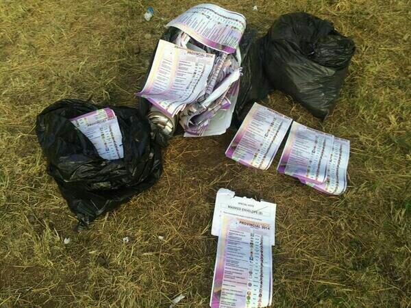PigSpotter's tweet photo. More #Corruption in the #Elections2014 ... Gauteng provincial ballot papers found in Pretoria park in Lynnwood Ridge. http://t.co/6T5PJF89t9