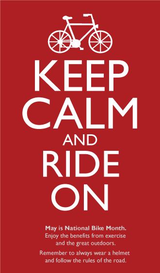 CAPublicHealth's tweet photo. May is #NationalBikeMonth - Keep Calm and Ride On! Go enjoy the benefits from cycling today!

http://t.co/0z7sQq1YHS http://t.co/kDn9nnRCjw