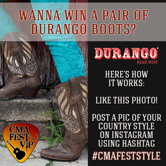 DurangoBoots's tweet photo. Show us your #CMAFestStyle on instagram and enter to win a pair of Durango Boots! @CMAFestVIP #CMAFest2014 http://t.co/3Hs9QfKXfG