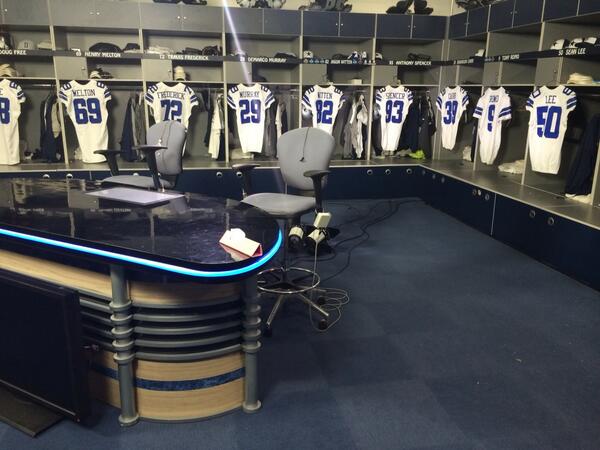 toddarcher's tweet image. Cowboys locker room turned into TV studio. #DALpick