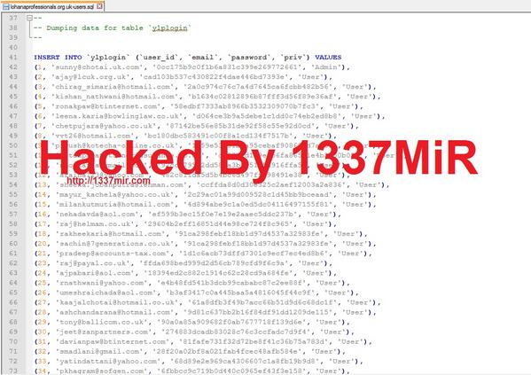 lohanaprofessionals.org.uk website hacked and user password leaked by #1337mir
password: 1337mir.com/?p=5460