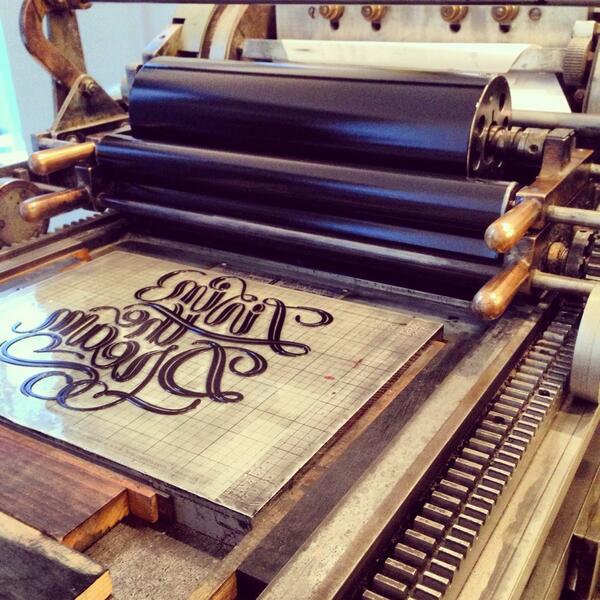 moshebien's tweet photo. Had so much fun at tonight's #PaperExpo in @ADCGlobal 
Letterpress prints of "Livin the Dream" by @youbringfire http://t.co/RHgyXXwYul