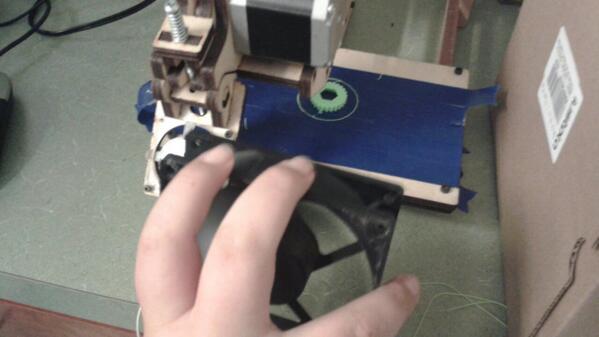 Woodshopcowboy's tweet image. Going nuclear to cool a pla #3dprinting #3Don a @printrbot prwith salvaged fans
