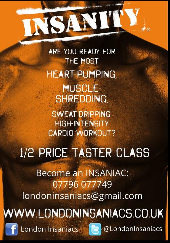 TanyaNFitness's tweet image. #FF @leahevansnz @LauraKinch @CharlieForge @lisagwawr 
INSANITY classes £6 next week. Are you up for the challenge?