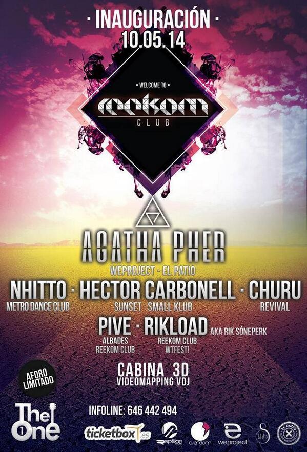 SalaTheOne's tweet image. @ALCFIESTA Sab10 INAUGURACION de REEKOM CLUB en SALA THE ONE (Alicante, junto universidad) WE LOVE TECHNO