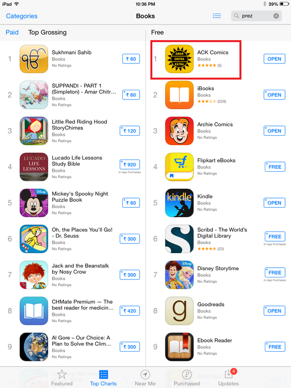 NinestarsGlobal's tweet photo. #ACKComicsapp @ no.1 on #iTunes charts - Books &amp; no.40 across all categories in India! @ACKComics #digitalcomics #app http://t.co/feTFcL25ac