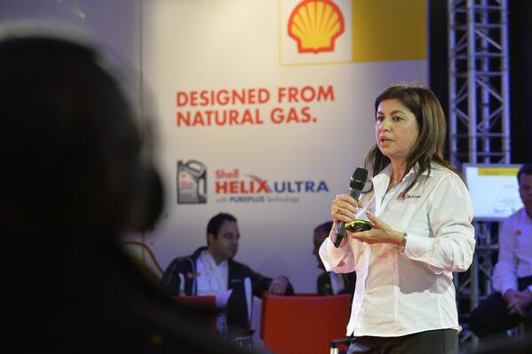 Shell's tweet photo. Selda Gunsel, VP Technology, on the the revolutionary #ShellPurePlus, the basis for the next gen of motor oils. http://t.co/d4QgvBna9I
