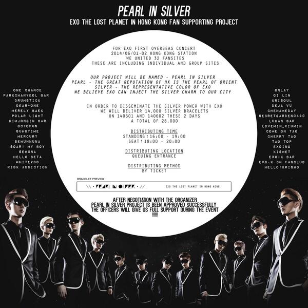 Deja_vu1106's tweet photo. 【PEARL IN SILVER】 we united 32 fansites to give 14000 free silver bracelets on 140601-02 exo hk concert, total 28000. http://t.co/RpCHArCCoK