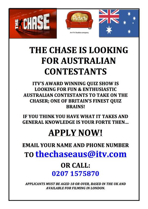 Emily_Hendo's tweet photo. @yooniesong Pls RT: Looking for Australian contestants for The Chase http://t.co/FONe8BvxUN