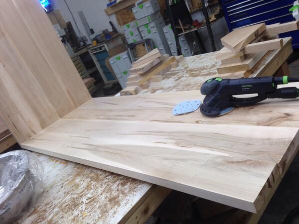OECustom1's tweet photo. Sanding the bottom of our showroom's #ambrosiamaple #waterfall #wetbar! #festool #marylandwoodcountertops #oecustom http://t.co/ai4O8gn16m