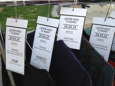 Fash_Rev's tweet photo. Who Made Your Clothes? hang tags in Jaen, listing the minimum wage in country of production @Fash_RevSpain #insideout http://t.co/jQtt1CJg65