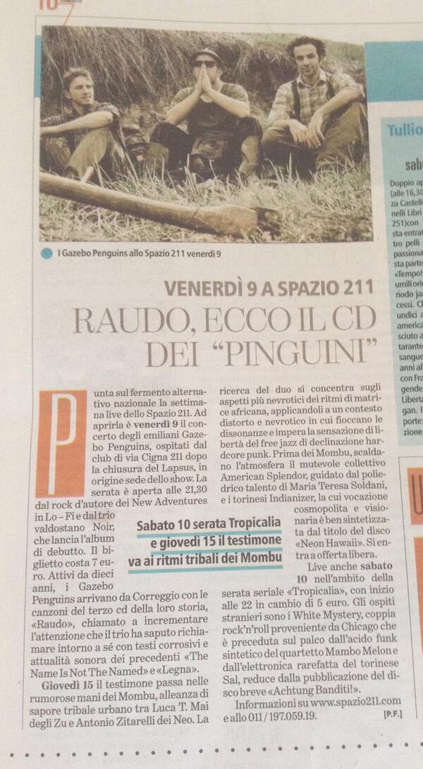 Oggi su Torino7. articolo di Paolo Ferrari. <a href="/gazebopenguins/">gazebo penguins</a> questa sera <a href="/sPAZIO211/">sPAZIO211</a> #JOINTHEFLUX