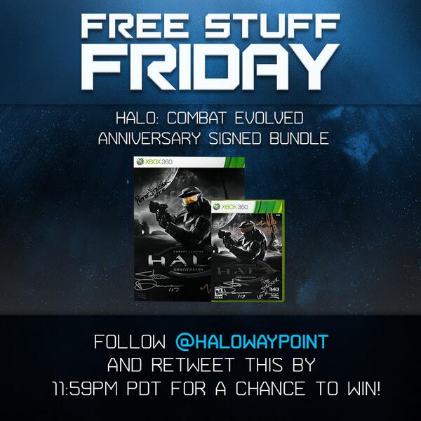 Halo's tweet image. RT to win a #Halo:CEA bundle signed by the voices of Master Chief, Guilty Spark &amp;amp; Cpt Keyes aka.ms/fsfrules