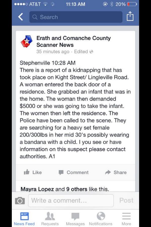 STEPHENVILLE PEOPLE PLEASE READ AND RETWEET ... The more people that see this the sooner that baby can be home safe