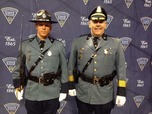 MassStatePolice's tweet photo. The ceremony has ended, Colonel @TimAlben stands with #81RTT honor grad, Tpr Luke Bonin. http://t.co/t8fcFfuxIU