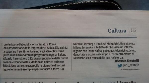 EffataEditrice's tweet photo. Grazie ad @al_rastelli per aver parlato della collana Donne Toste su @Corriereit #SalTo14 http://t.co/d8dty05iS9