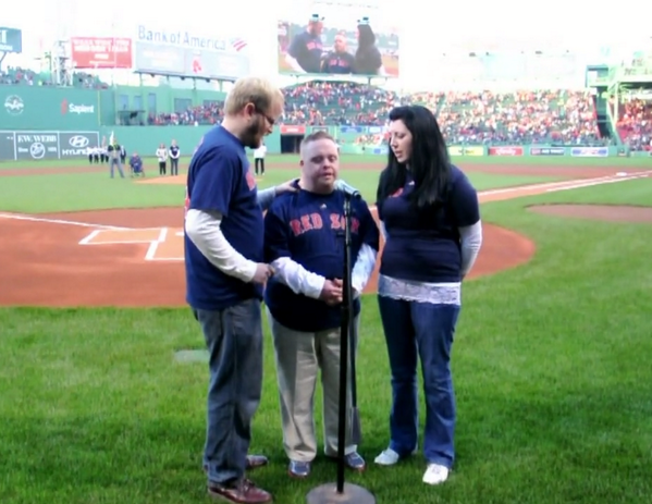 BleacherReport's tweet photo. VIDEO: A diehard Red Sox fan with Down syndrome sang the national anthem at Fenway Park http://t.co/IfteBgK322 http://t.co/veUzshDJ5i