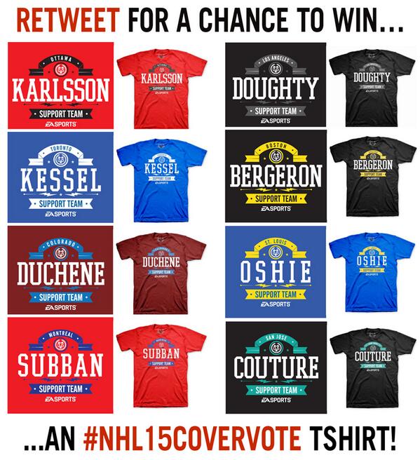 EASPORTSNHL's tweet image. Who are you supporting? RETWEET for a chance to win an #NHL15CoverVote tshirt! o.ea.com/21091