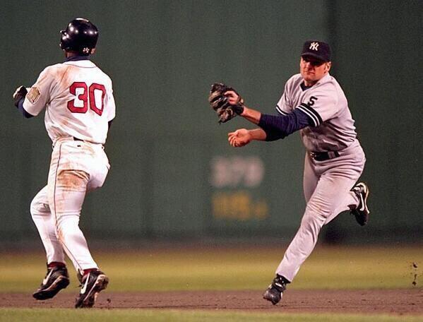 Chuck Knoblauch's "Phantom Tag" on Jose Offerman during the 1999 ALCS. The runner was called out.