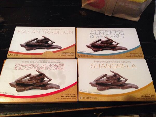 trimamma23's tweet photo. @CHOCOVIVO hubby got me gifts from LA so delish! Love the stone ground texture. Cherry pepper&amp; shangri la yummo! http://t.co/HGDoFxX3A9