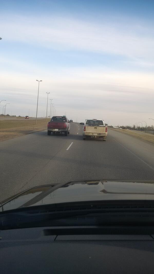 allanpdeacon's tweet photo. Only in Sask do 2 trucks drive beside each other on the highway at the same speed. #roadrage #slowertraffickeepright http://t.co/ZGMF5HgFMD