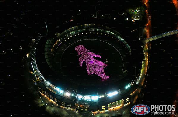 AFL's tweet image. A stunning aerial photo of the @BCNAPinkLady on the hallowed turf of the @MCG! #AFLDeesDogs