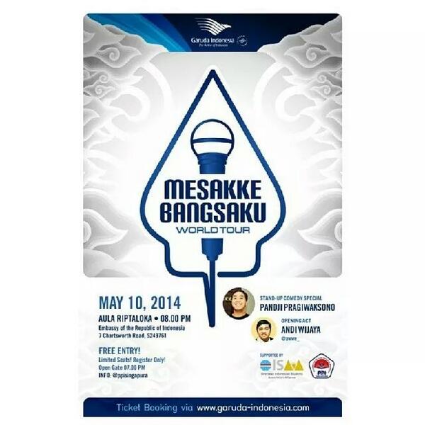 Siang! Agenda Diaspora hari ini: Mesakke Bangsaku World Tour oleh <a href="/pandji/">Pandji Pragiwaksono</a> menyambangi Singapura!