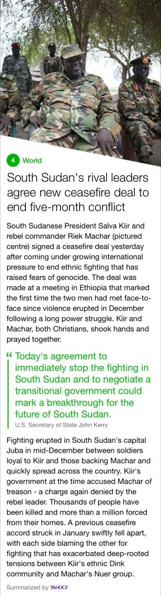 actionmansaha's tweet photo. South Sudan's rival leaders agree new ceasefire deal to end five-month conflict #sudan. http://t.co/LN6jBFNrwv http://t.co/s0nAbrsTVR