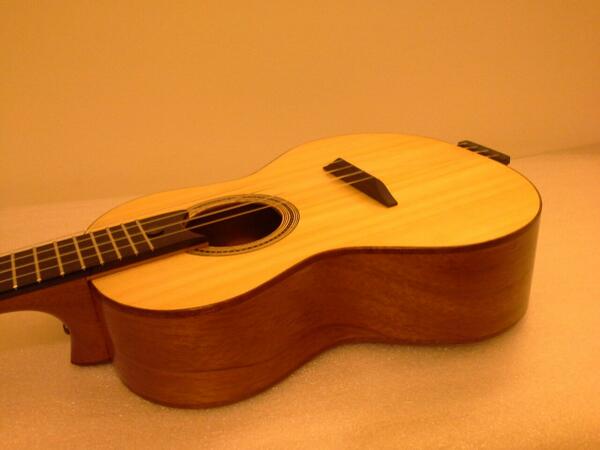 New tenor ukulele I finished.  Ebony fingerboard, mahogany back, sides, neck.  Spruce top, floating bridge.