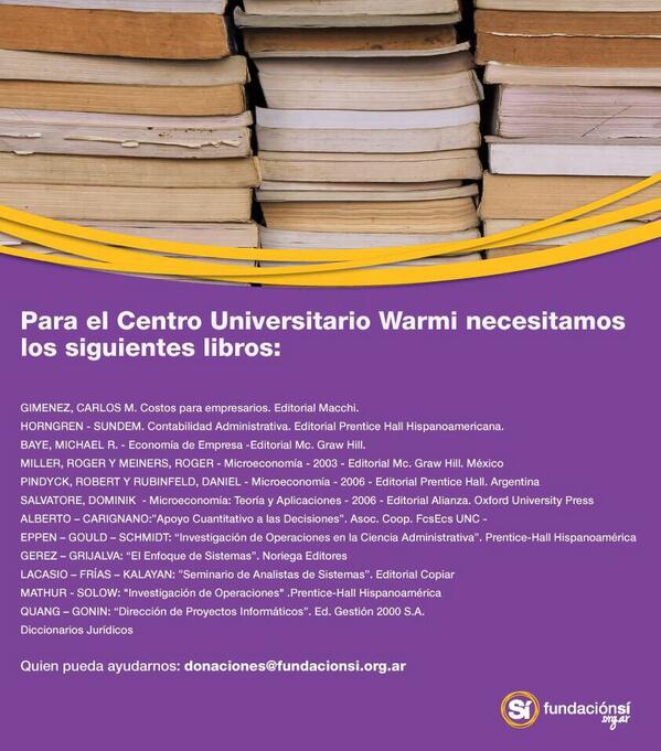 sifundacion's tweet photo. Necesitamos estos libros para la Universidad de la Puna. Si podés ayudarnos: donaciones@fundacionsi.org.ar Gracias!!! http://t.co/4yImtCMIK2