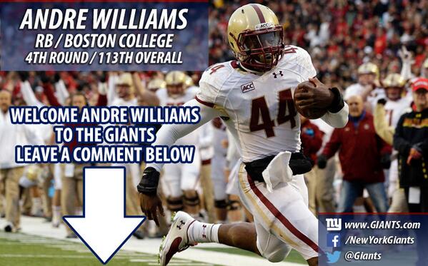 Giants's tweet photo. Welcome BC RB Andre Williams to the Giants! Here are five things you need to know!: http://t.co/NzV4Yk39Wb http://t.co/I8uBbBFm97