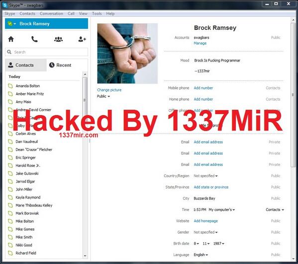 #programmer Brock Ramsey's #Skype Id #hacked by me
he is founder of hackthissite.org
#securtiy #1337mir #fun