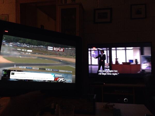 K__Moen's tweet photo. Batman on the tv and #FormulaDrift on the Ipad😊 live is guud👍 Go @FredricAasbo!!! #fdatl http://t.co/p1cz5IqqFG