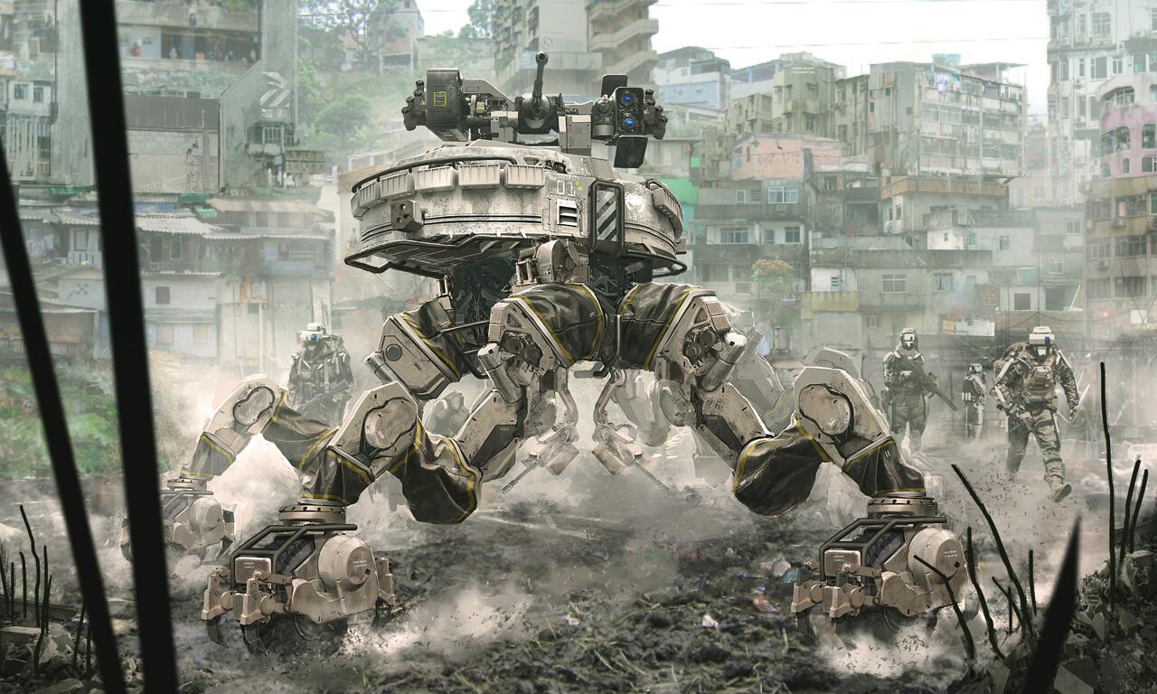 人間界と人間兵器ロボットと見守りロボット「オリジナルイラスト絵画 