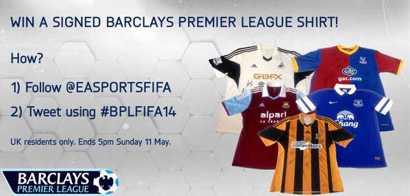 EA SPORTS FC on X: "5 signed shirts, 5 winners for the final Barclays  @PremierLeague weekend. Retweet using #BPLFIFA14 + club name.  http://t.co/YVX7Ogziqp" / X