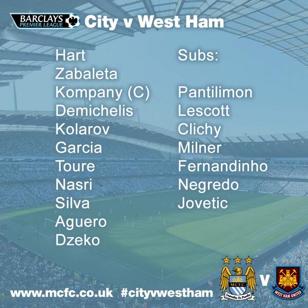 Manchester on Twitter: "TEAM SHEET: Your #mcfc line-up in to face West Ham. #cityvwestham http://t.co/QwfNcEFKeW" / Twitter