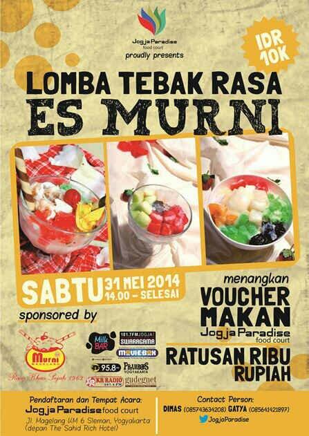 Yuk ikut Lomba Tebak Rasa Es Murni! Daftar 10k di <a href="/JogjaParadise/">Jogja Paradise</a> bs dapat ratusan ribu rupiah &amp; Voucher | 31 Mei '14