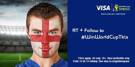 VisaUK's tweet photo. RT + Follow for a chance to win a FIFA World Cup™ trip to watch England, includes flights, hotel, tkts and more! http://t.co/CpiQEJaA6S