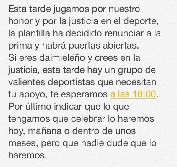 Joe_Gachas's tweet photo. Por respeto a la afición, a los rivales y, sobre todo, al trabajo de todo un año, el @daimielrcf jugará esta tarde. http://t.co/imYrQx7ZnI