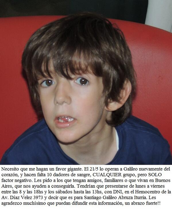 MonikaMDQ's tweet photo. Se necesitan 10 dadores de sangre para Galileo lo operan del corazón el 21/5 + datos en http://t.co/mFvC46UTl0  RT"