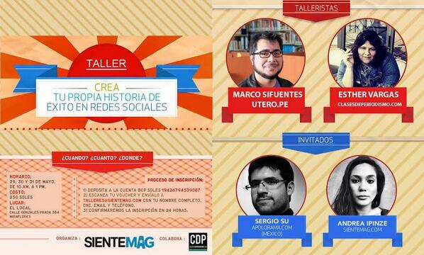 cdperiodismo's tweet image. #Perú Taller &quot;Crea tu propia historia de éxito en redes sociales&quot;➜ on.fb.me/1mtsNLl