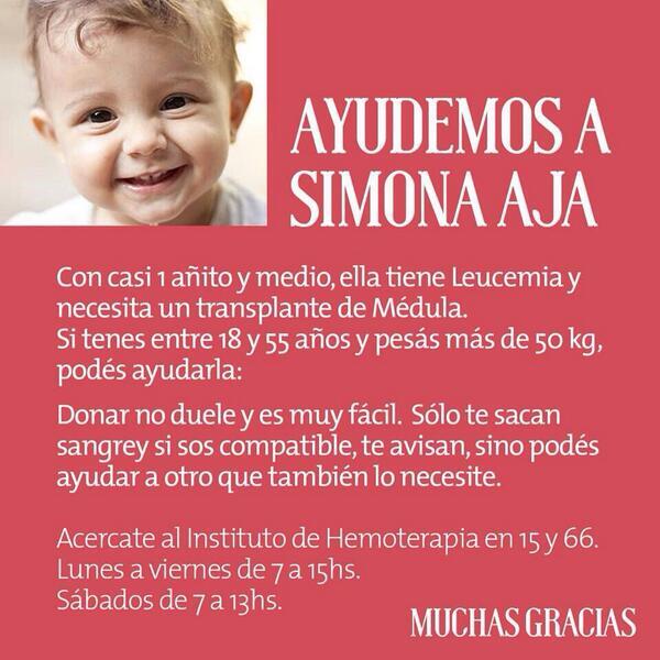 FundacionRenzo's tweet photo. Rt ayudemos a Simona. Tiene Leucemia y necesita trasplante de médula ósea #donamedula @connieansaldi  #UnidosAr http://t.co/Yx0S2xt7hi