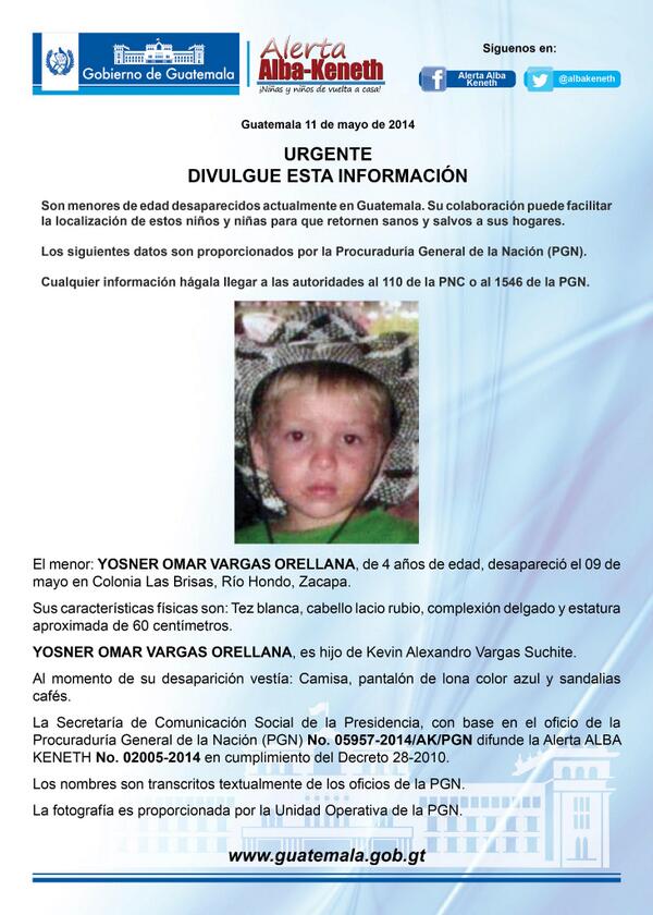 YOSNER OMAR VARGAS ORELLANA, de 4 años de edad, desapareció el 09 de mayo en Colonia Las Brisas, Río Hondo, Zacapa.