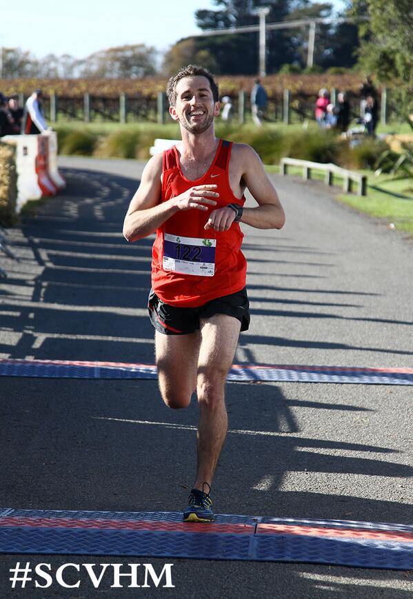 Josh McGettigan winner of the men's Dash crosses the finish line in a time of 1:17:16 #SCVHM