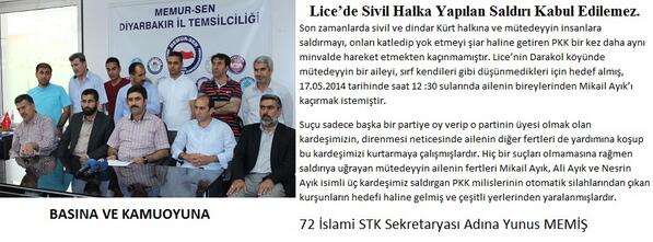 DiYARBAKIRebs's tweet photo. BASINA VE KAMUOYUNA
 Lice’de Sivil Halka Yapılan Saldırı Kabul Edilemez. http://t.co/bPejUxGVIf