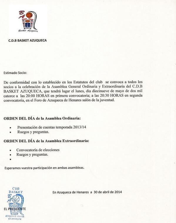 BasketAzuqueca's tweet photo. Asamblea de Socios del @BasketAzuqueca hoy 19/05/14 20:00 h en El Foro si te interesa el baloncesto de Azuqueca ACUDE http://t.co/FjoanswJ2j