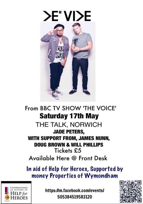 Sharronwhales's tweet photo. @LULTFL #H4H #charitygig Saturday May 17th #norwich @TheNewTalk from 7:30pm @DeVideTheBand @JadeMayjean plsRT http://t.co/9g39Dkc4oK